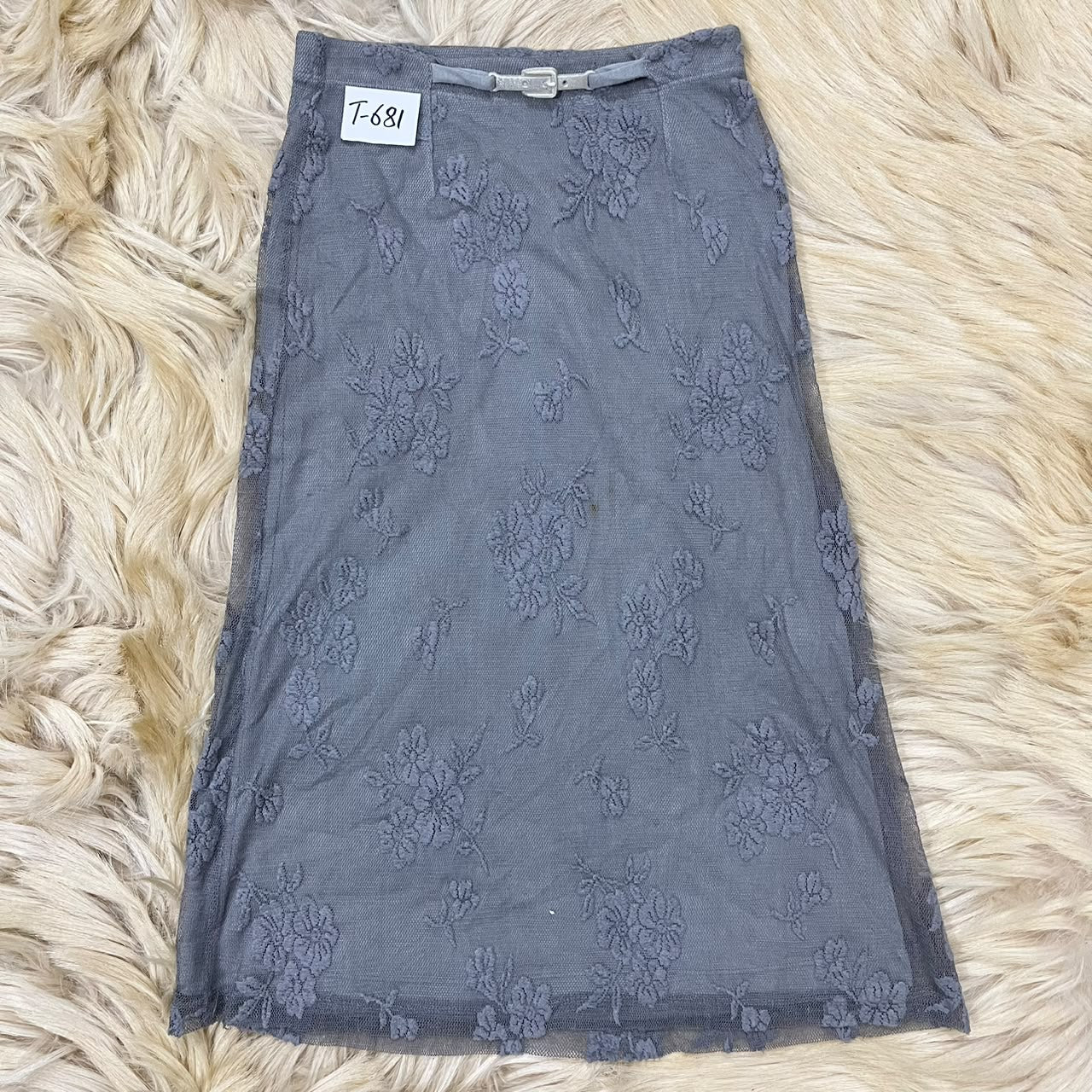 Slate blue-gray lace midi skirt