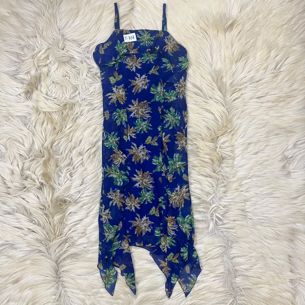 Blue palm tree tropical print chiffon slip dress