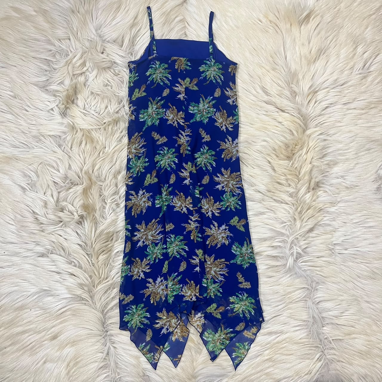 Blue palm tree tropical print chiffon slip dress