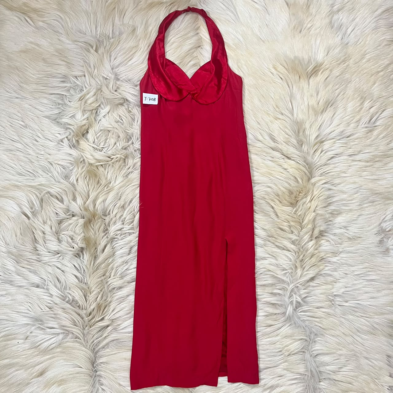 Red satin halter cowl neck maxi