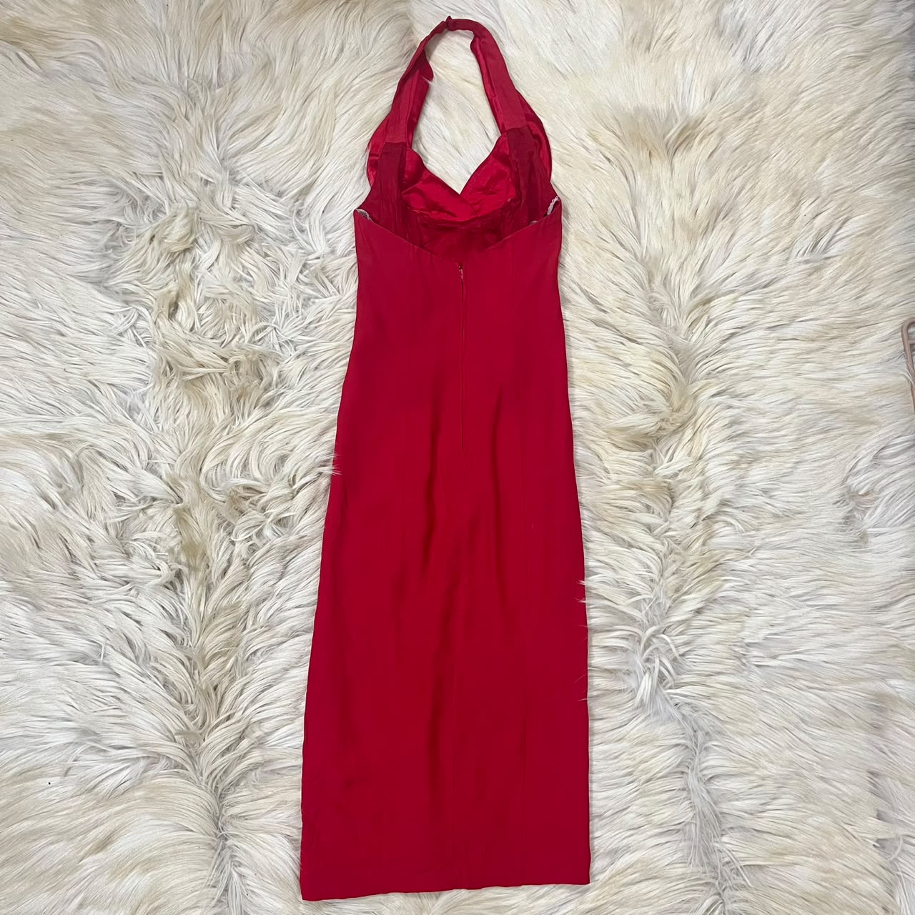 Red satin halter cowl neck maxi