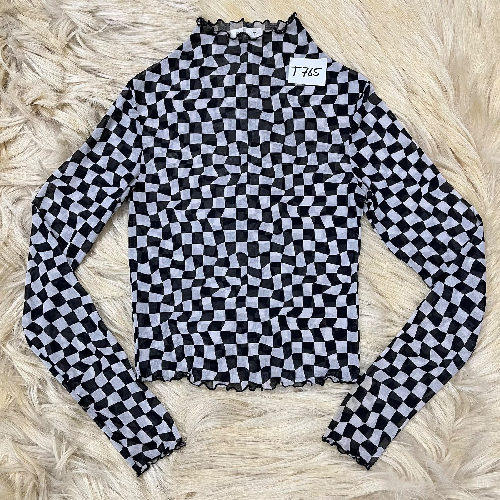 Checkered Mesh Neck Top
