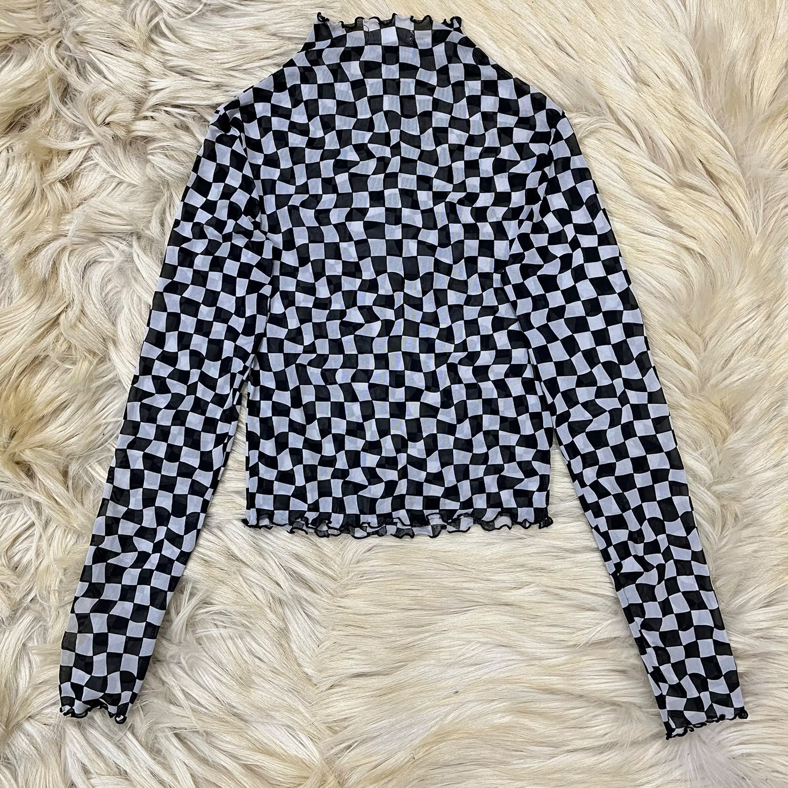 Checkered Mesh Neck Top