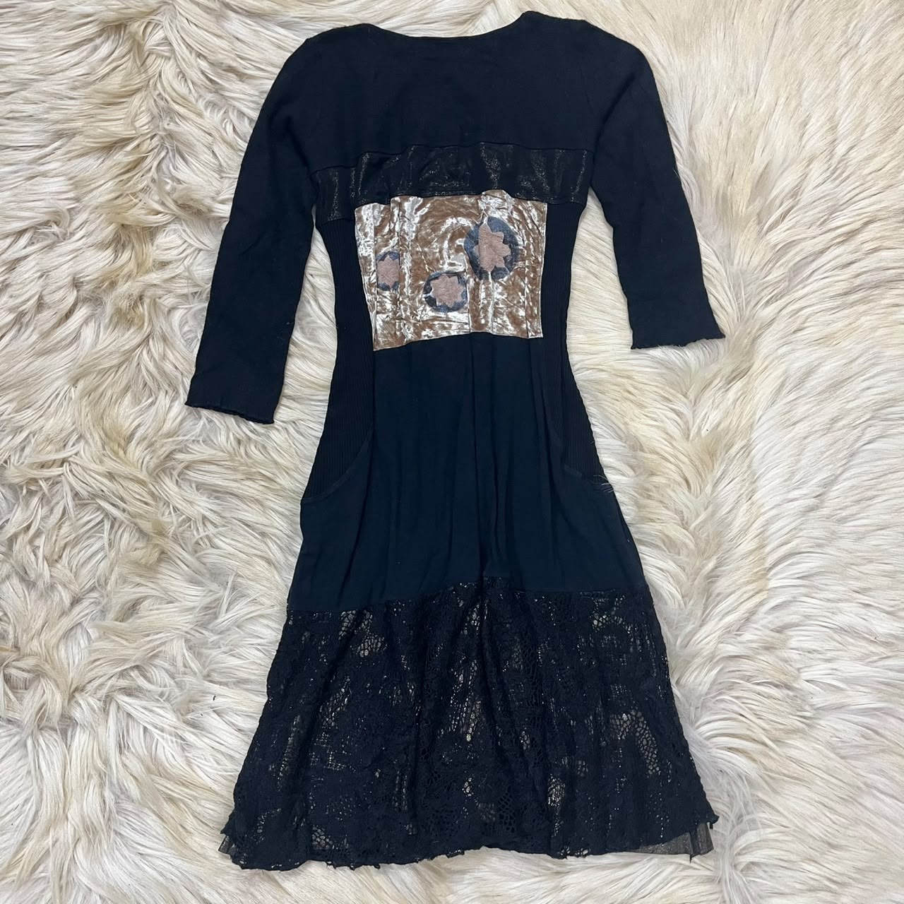 Black long-sleeve midi dress with a lace-trimmed waist