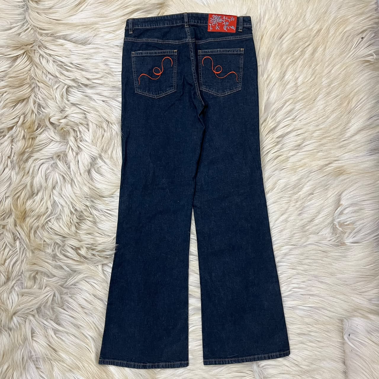 Dark wash blue denim flare jeans