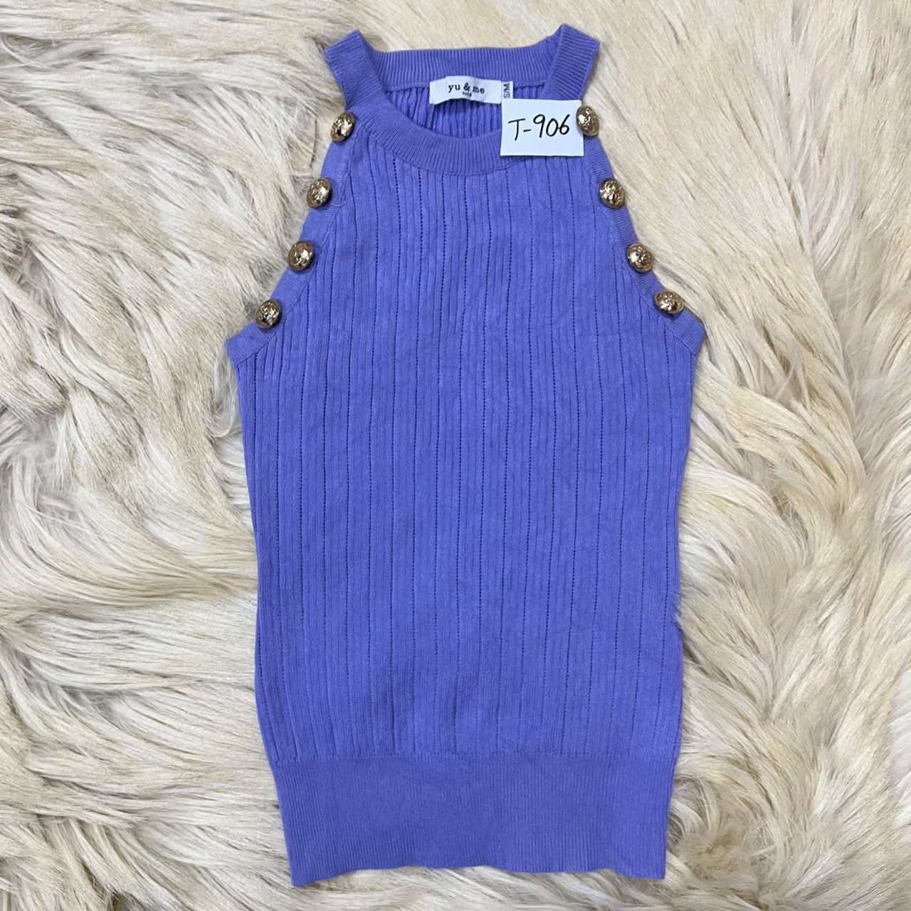 Ribbed Eyelet Blue Tank