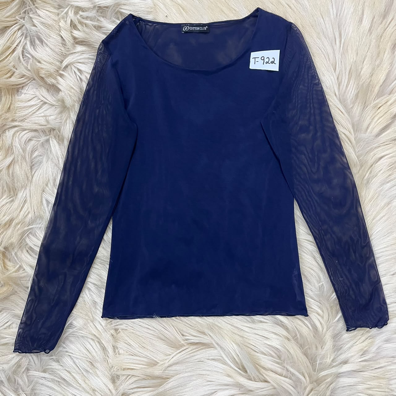 Navy Blue Long-Sleeve Top with Sheer Mesh Sleeves
