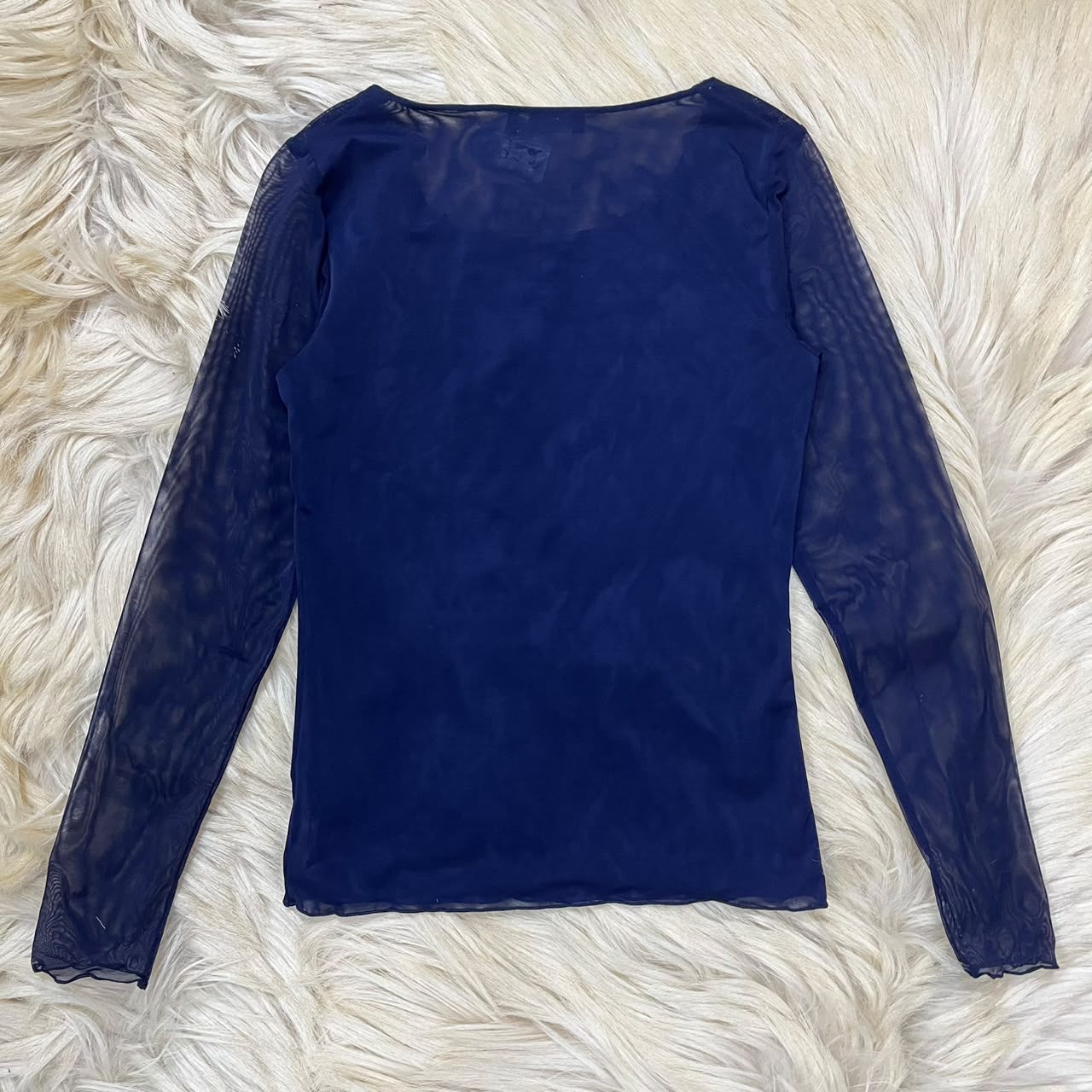 Navy Blue Long-Sleeve Top with Sheer Mesh Sleeves