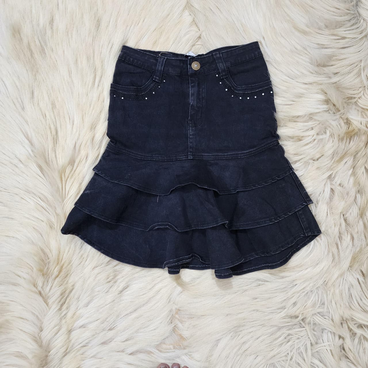 Black Ruffle Denim Skirt